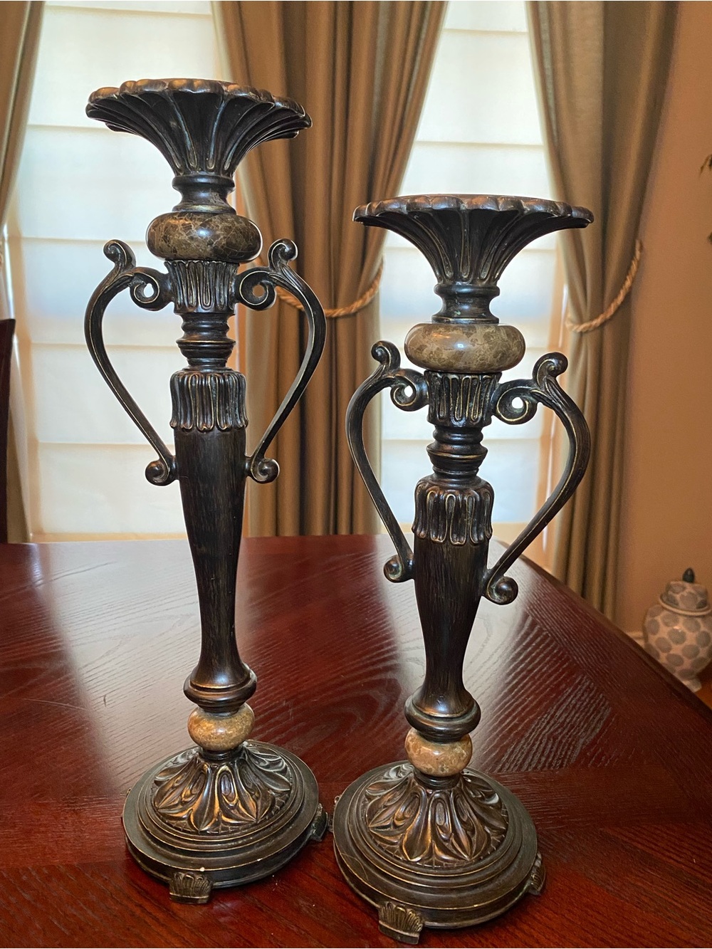 Neoclassical Ornate Dark Bronze Finish with gold highlights marble accents